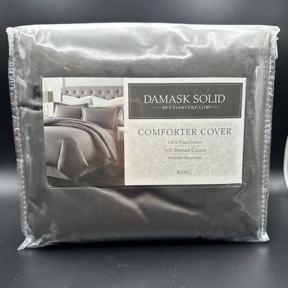 Macys Charter Club Duvet Cover KING Size 500‎ Thread Ct Gray Solid Damask Cotton